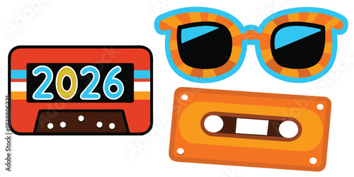 Retro 2026 new year celebration with cassette tapes and sunglasses illustration