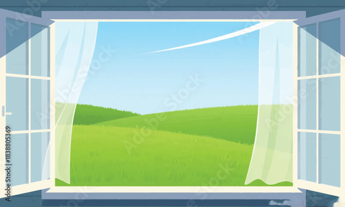 View of the Meadow from the House Window Illustrator Artwork Banner Background Design Template 