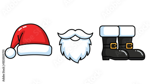 Santa Claus accessories hat, beard, and boots for Christmas holiday