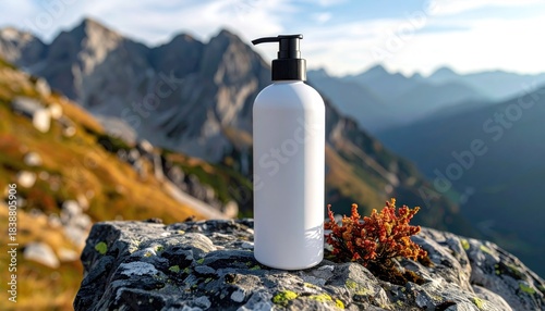 White bottle with pump in nature