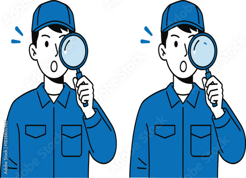Technician or Engineer Character with Magnifying Glass Flat Vector Illustration for Quality Control Inspection Troubleshooting and Research Concept.