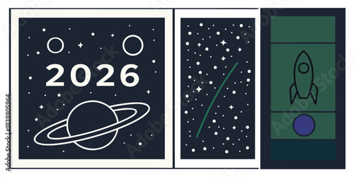 Space themed 2026 new year design with planet stars and rocket illustration