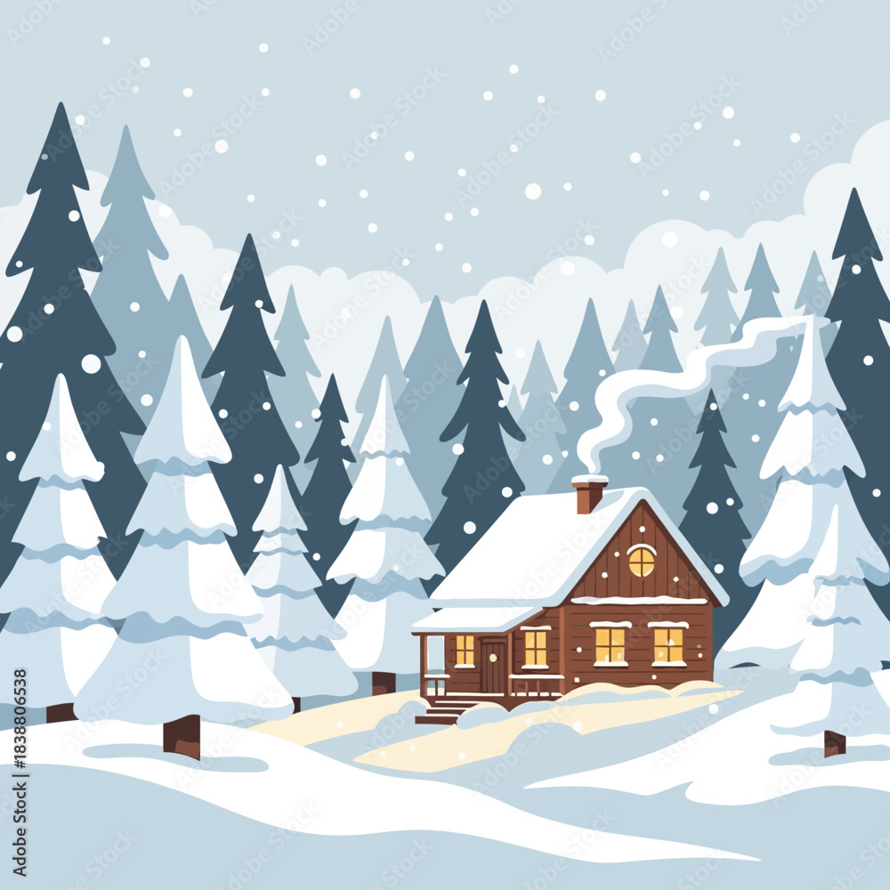Fototapeta premium Cozy winter cabin nestled in a snowy forest with smoke rising from the chimney