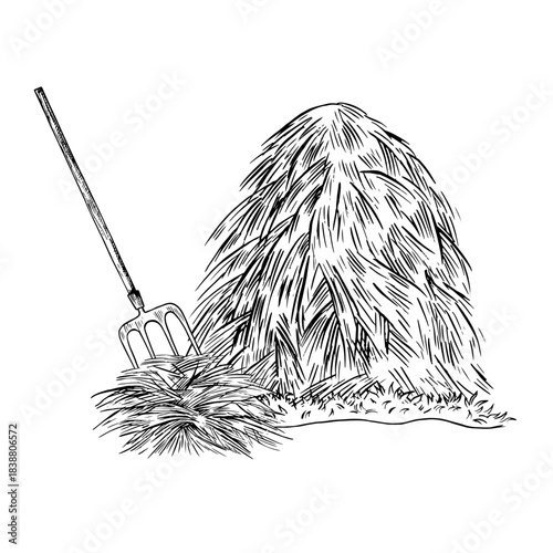 A haystack and a pitchfork. A hand-drawn black-and-white vector illustration. Animal feed. For the design of farm projects, as well as packaging, labels, and more.