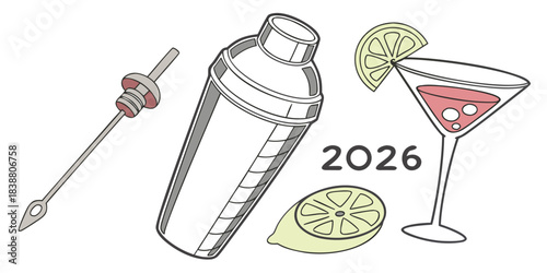 Cocktail shaker and martini glass with lemon for new year's eve 2026 celebration