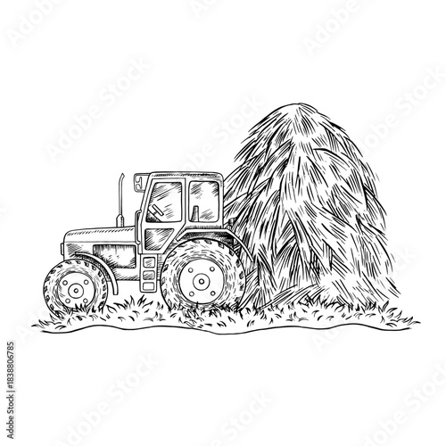 A haystack and a tractor. A hand-drawn black and white vector illustration. Preparing hay for animals. For the design of farm projects, as well as packaging, labels, and more.