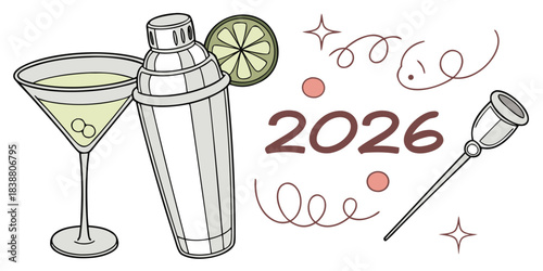 Festive 2026 new year celebration with cocktail shaker and martini glass design
