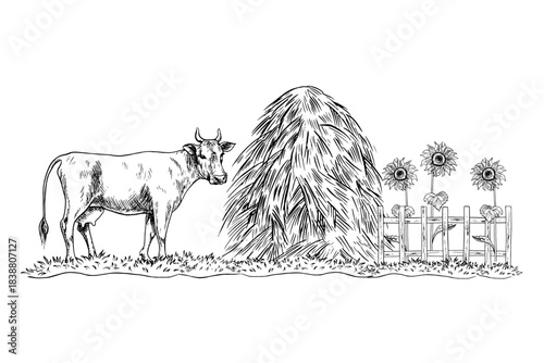 A village courtyard. Handmade black and white vector graphics. A cow, a haystack, and sunflowers. For design solutions, postcards, labels, and packaging. For banners, posters, and more.