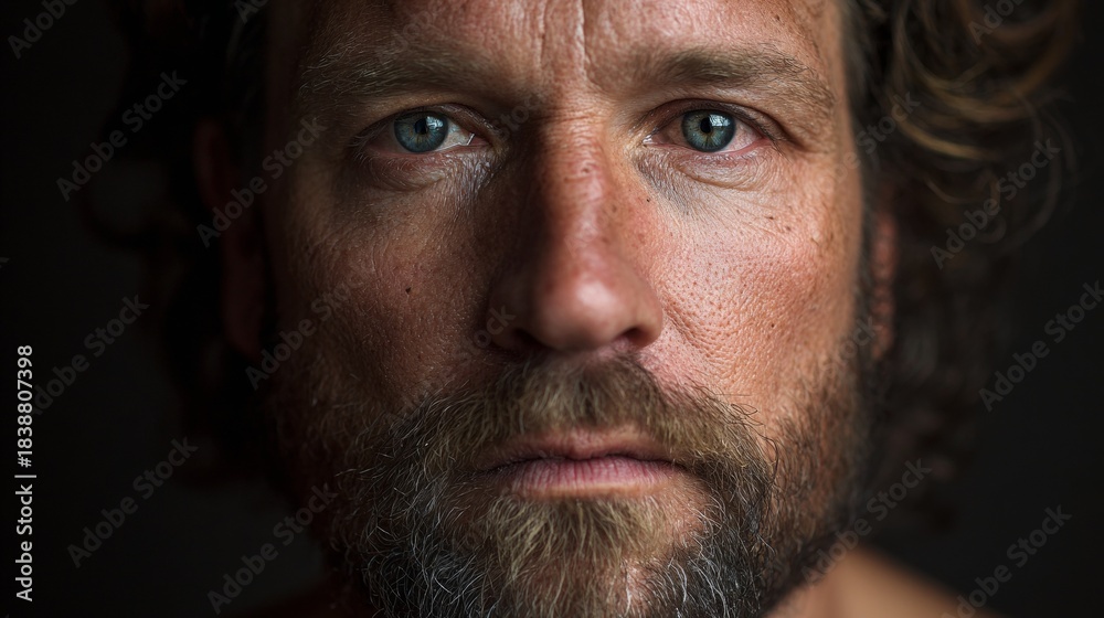 Fototapeta premium Man with beard and mustache looking intently at camera.