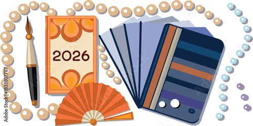 Artistic rendering of 2026 calendar with fan pen pearls and color swatches
