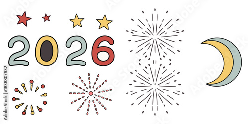 Colorful new year 2026 illustration with stars fireworks and a crescent moon design