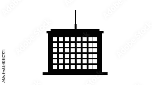 Minimalist Black Silhouette of a Modern Building with Antenna.