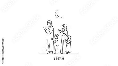 Muslim Family Praying Under Crescent Moon.