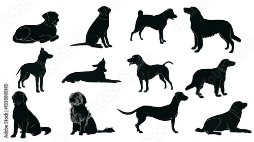 Set of pet dog silhouettes in various poses, flat vector illustration isolated on white background for design, decoration, and creative projects