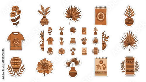 Abstract Bohol Christmas Elements Set with Rainbow Arches, Stars, Organic Shapes in Terracotta Beige Olive Green, Flat Lay Sticker Sheet Vector on White