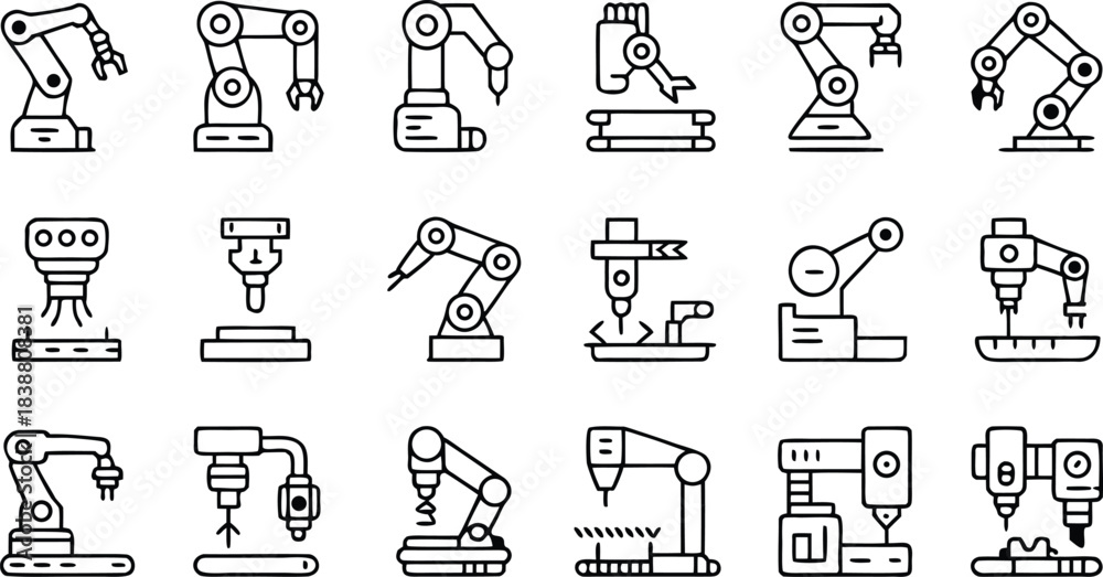 Obraz premium Industrial Robots & Automated Machinery Line Icons