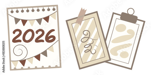 Cute 2026 new year design with banners and decorative elements in neutral colors