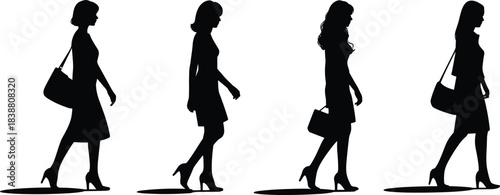 Silhouettes of women walking with handbags in various stylish poses for fashion, lifestyle, design, illustration, and animation projects