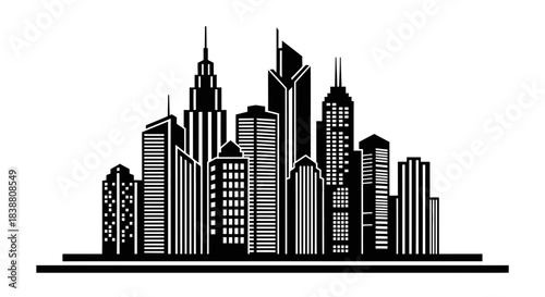 City Skyline Icon Vector – Urban Buildings Silhouette, Modern Cityscape Illustration