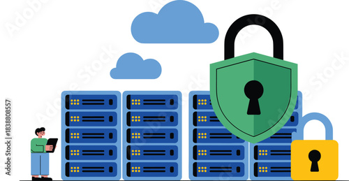 Cloud data security illustration with secure server storage system, encryption protection, digital privacy concept, cloud computing safety infrastructure design