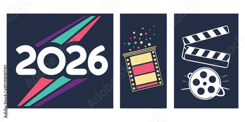 Three panels showing 2026 film reel and clapperboard on a dark blue background