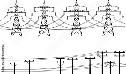Electric power transmission towers and utility poles illustration, high voltage lines, energy infrastructure, electricity distribution line vector design
