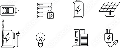 Energy and electricity line icons set, battery solar panel plug server and charging symbols, minimal outline vector technology design collection