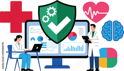Healthcare data security analytics dashboard illustration with doctors medical technology cybersecurity shield patient privacy digital health monitoring system concept vector