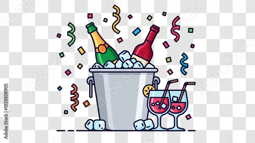 Celebratory Toast: An illustration depicts a bucket filled with ice and bottles, accompanied by glasses, as colorful confetti rains down, setting a festive mood.