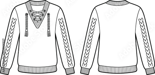 Knitted sweater technical illustration showing front and back views with lace up neckline and braided sleeve details black white vector