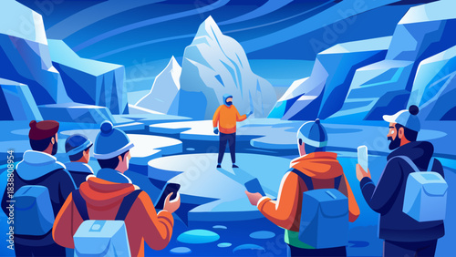 A group of people are standing on a frozen lake, looking at a man who is giving a presentation. The man is holding a cell phone and a backpack. The group of people are wearing backpacks and hats