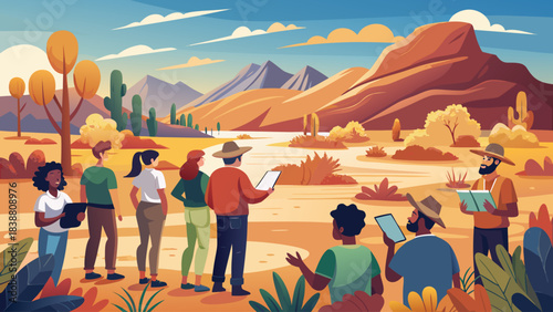 A group of people are standing in a desert landscape, looking at a map. Some of them are holding tablets
