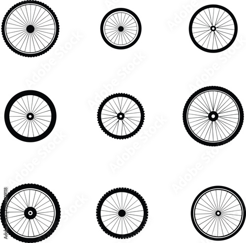 Minimalist bicycle wheel illustration set in black and white featuring detailed spoke designs vector icons isolated on white background