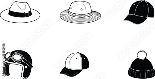 Minimalist black and white hat illustration set featuring fedora safari cap baseball helmet and winter beanie vector icons collection design