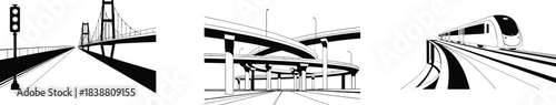 Modern urban transportation illustration of bridge highway interchange and train, minimal black white linear city infrastructure concept design background vector