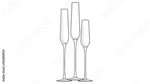 Elegant Champagne Flutes: Three tall, slender champagne flutes, poised and ready, await the joyous clink of a celebratory toast. Minimalist design exudes sophistication and elegance.