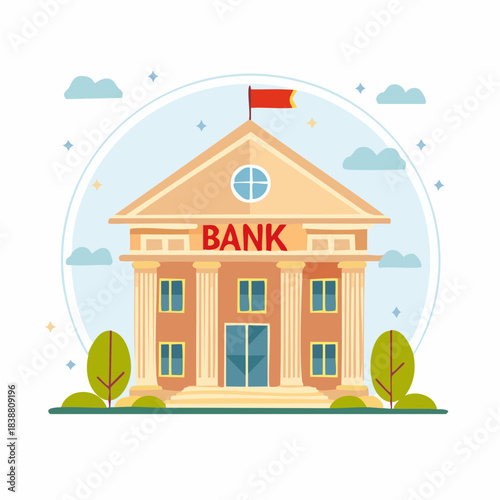 Vibrant flat design vector illustration of a classic bank building with columns, symbolizing financial services, economic stability, secure transactions, and wealth management