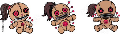 Voodoo doll cartoon illustration set with stitched rag toy and pins, cute creepy gothic character design vector art clipart sticker