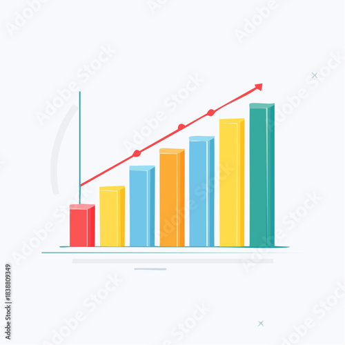 Dynamic business growth concept with a vibrant bar chart and an upward trend arrow, symbolizing financial success, market development, and positive statistical analysis illustration