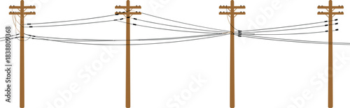 Wooden utility poles with overhead power lines illustration, electricity distribution, electrical infrastructure, communication cables, flat vector design