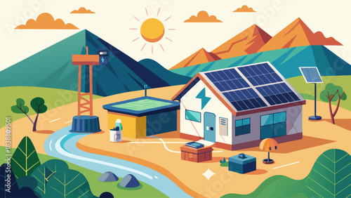 A house with a solar panel on the roof. The house is surrounded by mountains and a river