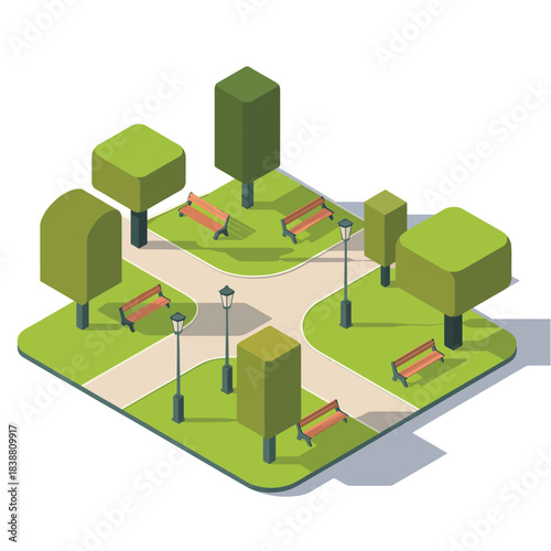 Isometric vector illustration of a public green park design.