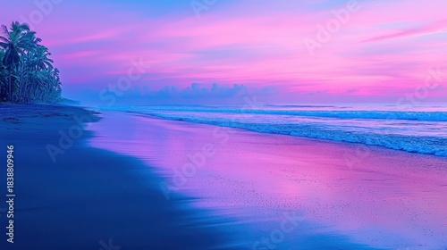 Tranquil Beach at Sunrise with Colorful Sky and Gentle Waves Reflecting Sand