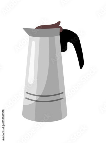 Metal Coffee pot with black plastic handle for making coffee. Cartoon style, flat design. Vector illustration. Coffee maker