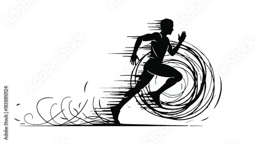 Dynamic silhouette of a runner in motion, conveying speed and energy with swirling lines and streaks.