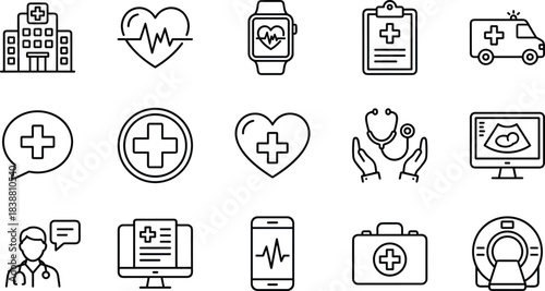 Comprehensive medical and healthcare icons set featuring hospital services, diagnostics, emergency care, telemedicine, patient monitoring, and modern clinical technology in clean line style.
