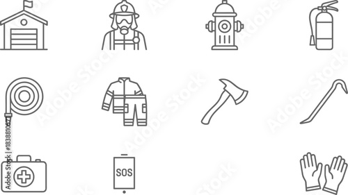 Firefighting safety equipment icons featuring fire station tools, firefighter gear, emergency response symbols, rescue tools, and protective equipment in clean line style
