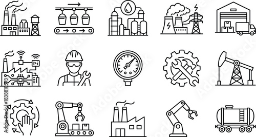 Industrial engineering and manufacturing icons collection featuring factory automation, production equipment, oil extraction, logistics, maintenance tools, 