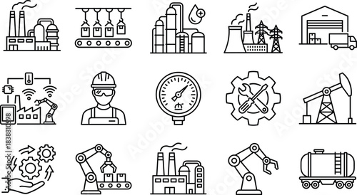 Industrial manufacturing and engineering icons collection featuring automation, factory production, oil extraction, logistics, machinery maintenance, and modern industry technology in clean line style