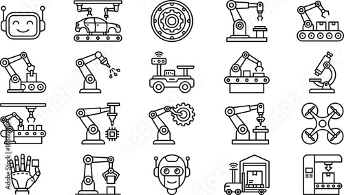 Modern robotics and industrial automation icons showcasing robotic arms, AI robots, drones, smart manufacturing systems, and advanced technology equipment in clean line style